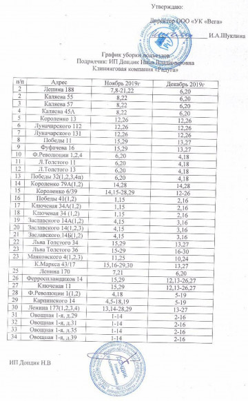 График уборки подъездов на ноябрь и декабрь 2019 года