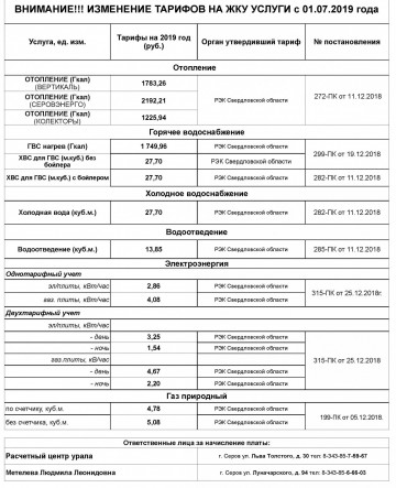 Тарифы на ЖКУ услуги от 01.07.2019 года